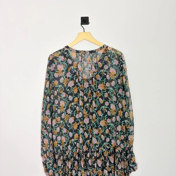 Free People See it Through Maxi Black Combo Large Long Sleeve Boho Flowy Tiered - Picture 10 of 11